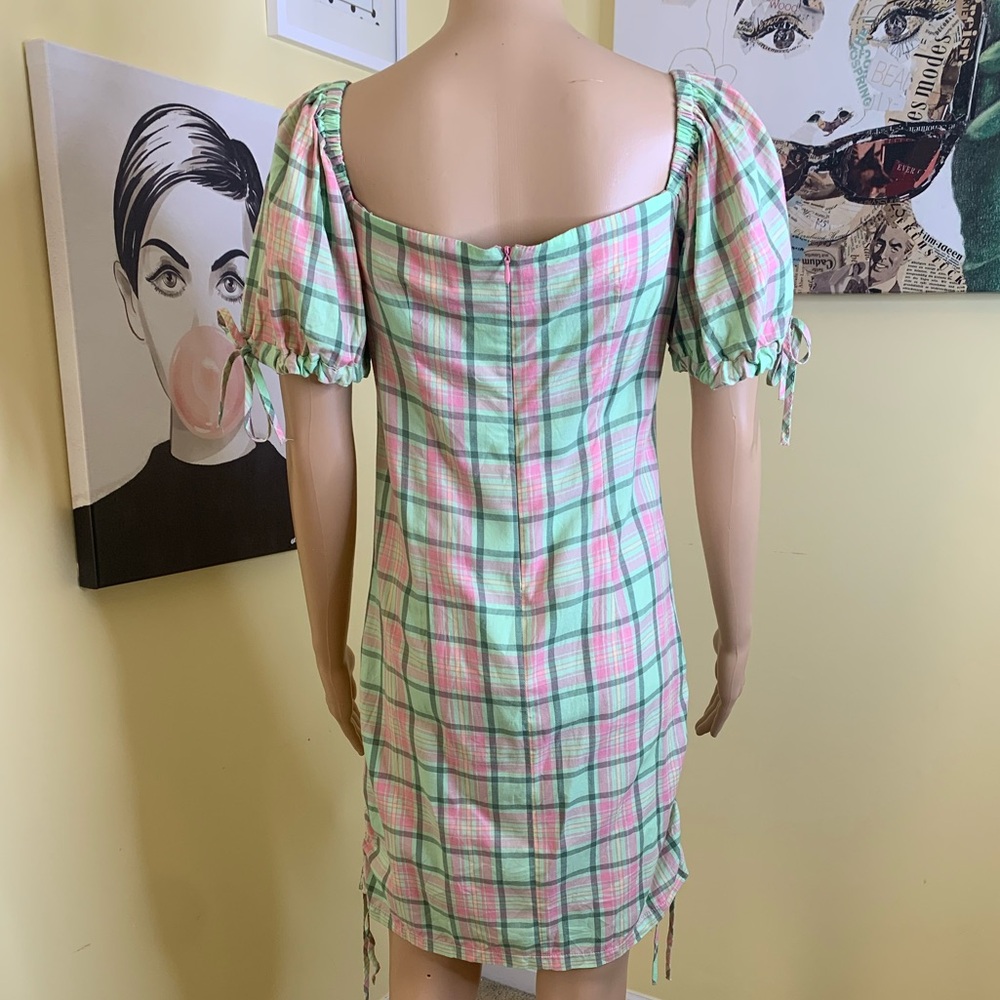 THE RAGGED PRIEST Memory Ruched Mini Dress in Green/Pink Plaid, Size Small - Picture 6 of 6